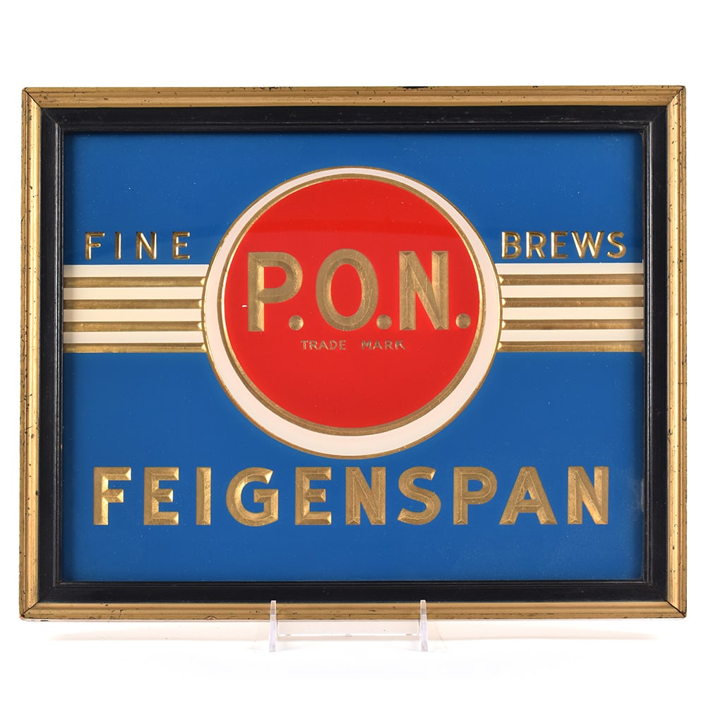 Feigenspan PON 1930s Reverse-Painted Glass Easel Sign: Brewer/Business Name: Christian Feigenspan Brewing Co., Newark, New Jersey Manufacturer/Plant: UnknownDate of manufacture: