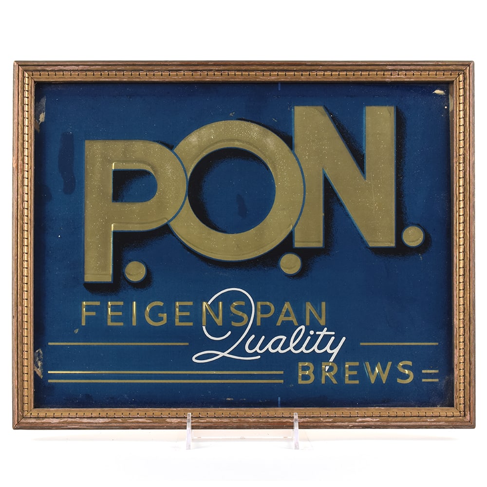 Feigenspan PON 1930s Reverse-Painted Glass Easel Sign: Brewer/Business Name: Christian Feigenspan Brewing Co., Newark, New Jersey Manufacturer/Plant: UnknownDate of manufacture: