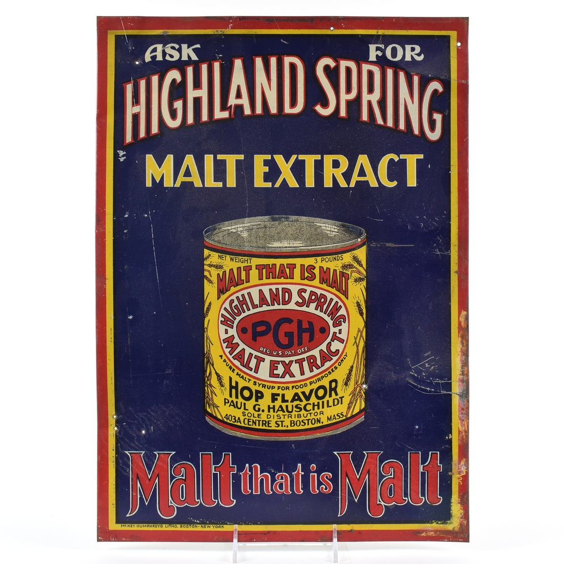 Highland Spring Malt Extract Prohibition Tin Sign BOSTON SCARCE: Brewer/Business Name: Rueter Highland Spring Brewery, Boston, Massachusetts Manufacturer/Plant: See comments/descriptionDate of manufacture