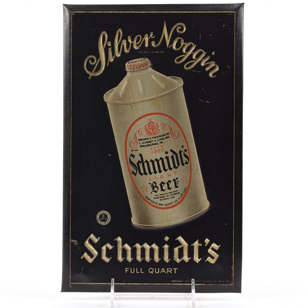 Schmidts 1930s Silver Noggin Tin-Over-Cardboard Sign QUART CONE TOP: Brewer/Business Name: C. Schmidt & Sons, Philadelphia, Pennsylvania Manufacturer/Plant: Permanent Sign and Display Co. Reading, PADate of m
