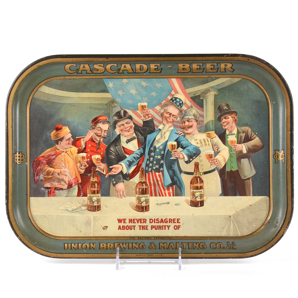 Cascade Beer Pre-Prohibition Tray PATRIOTIC WWI UNCLE SAM: Brewer/Business Name: Union Brewing & Malting Co., San Francisco, California Manufacturer/Plant: See comments/descriptionDate of manufactur