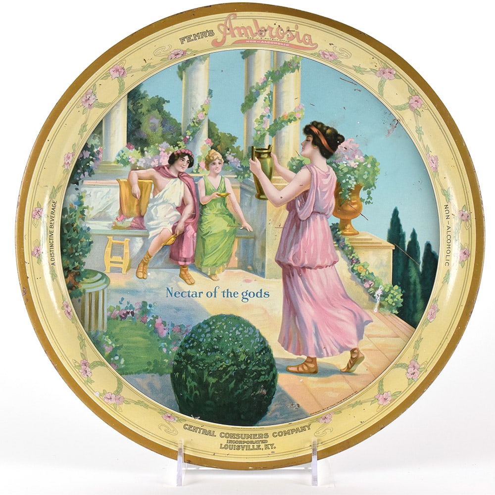 Fehrs Ambrosia Prohibition Era Serving Tray NECTAR OF GODS: Brewer/Business Name: Central Consumers Co. Inc., Louisville, Kentucky Manufacturer/Plant: Kaufmann & Strauss Date of manufacture: Prohibition Contents/Type: N/A Dimensions: 13 inches. 