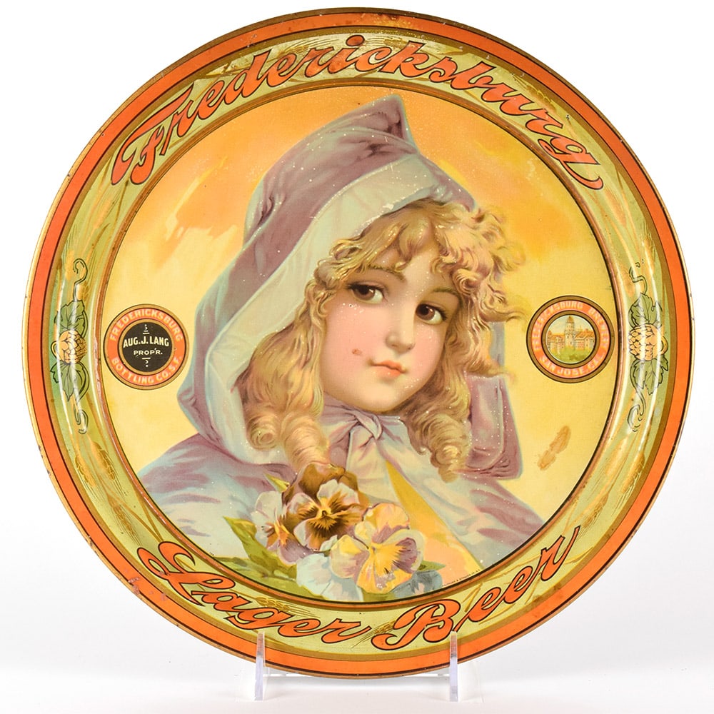 Fredericksburg Beer Pre-prohibition Serving Tray GIRL WITH PANSIES: Brewer/Business Name: Fredericksburg Brewery, San Jose, California Manufacturer/Plant: Kaufmann & StraussDate of manufacture: