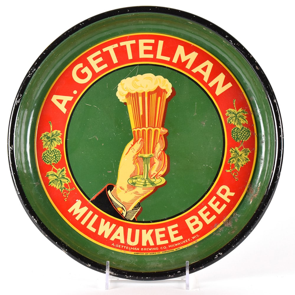 Gettelman Milwaukee Beer 1930s Serving Tray NO TRADE MARK WITH BREWER INFO: Brewer/Business Name: A. Gettelman Brewing Co., Milwaukee, Wisconsin Manufacturer/Plant: American Art WorksDate of manufacture: