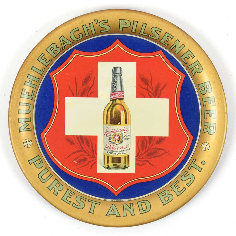 Muehlebachs Pilsener Beer Pre-prohibition Tip Tray EXCELLENT: Brewer/Business Name: Geo. Muehlebach Brewing Co., Kansas City, Missouri Manufacturer/Plant: Kaufmann & StraussDate of manufacture: