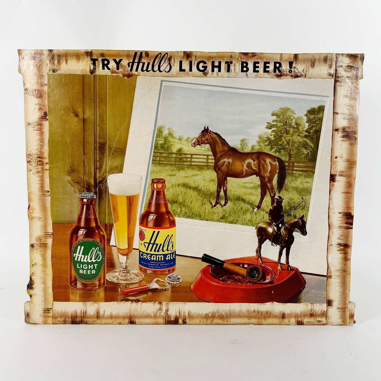 Hulls Light Beer Equestrian Horse Theme Die Cut Sign SCARCE: Hull Brewing. New Haven, Connecticut. Circa 1930s. Scarce sign features horses, polo player, a pipe, opener, a crown or cap, and steinie bottles of Hulls Cream Ale and Light Beer. Very good condition.