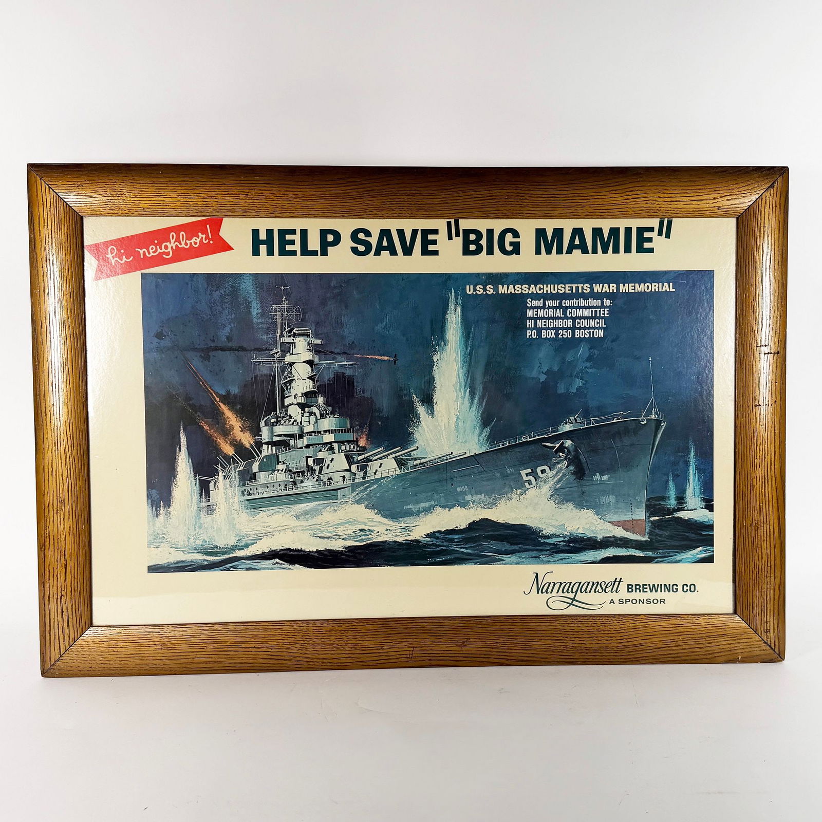 Narragansett Help Save Big Mamie War Memorial Battleship Sign SCARCE: Narragansett Brewing. Cranston, Rhode Island. Circa 1960s This scarce sign is in outstanding condition. Narragansett Brewing sought contributions to save the battleship Big Mamie. Features large image