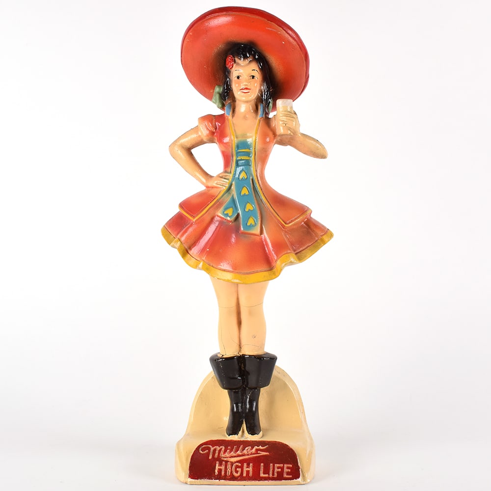 Miller High Life 1950s Chalk Back Bar Statue MILLER GIRL RED FLOWER: Brewer/Business Name: Miller Brewing Co., Milwaukee, Wisconsin Manufacturer/Plant: UnknownDate of manufacture: