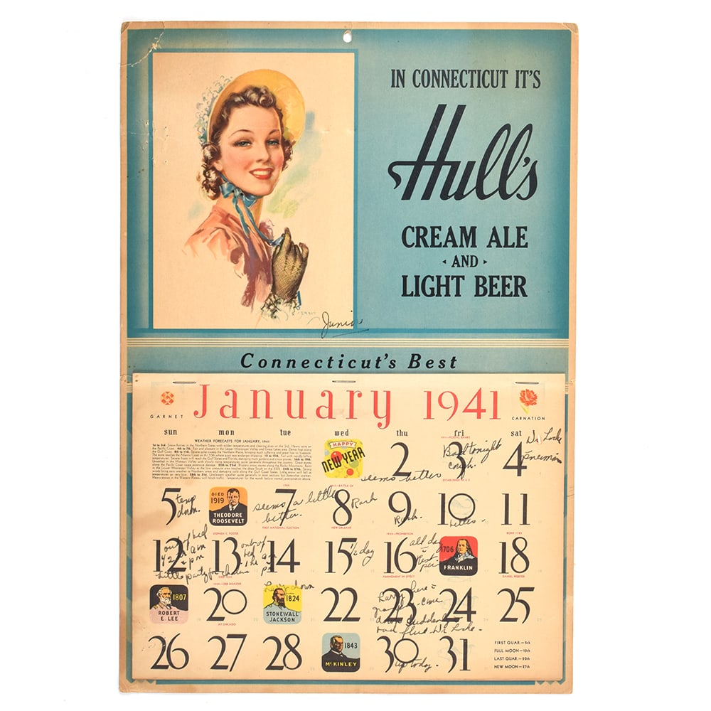 Hulls Cream Ale Light Beer 1941 Calendar: Brewer/Business Name: Hull Brewing Co., New Haven, Connecticut Manufacturer/Plant: See comments/descriptionDate of manufacture: