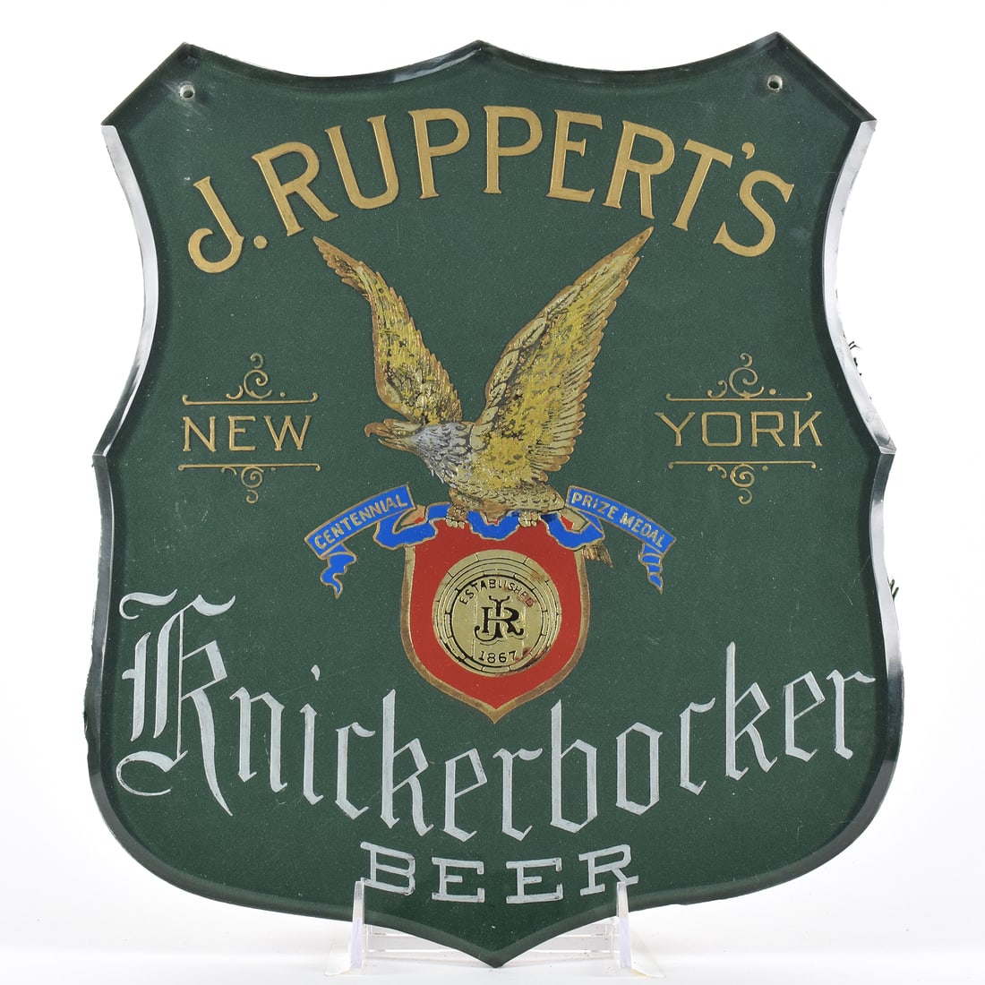 J Rupperts Knickerbocker Beer Pre-Prohibition RPG Etched Glass Sign BEAUTIFUL: Brewer/Business Name: Jacob Ruppert, New York, New York Manufacturer/Plant: UnknownDate of manufacture: