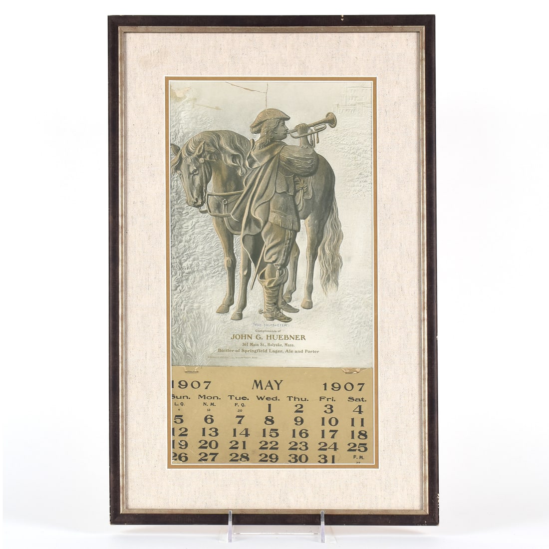 John G. Huebner Springfield Lager Ale Porter Trumpeter 1907 Embossed Calendar: Brewer/Business Name: Springfield Breweries Co., Springfield, Massachusetts Manufacturer/Plant: See comments/descriptionDate of manufacture