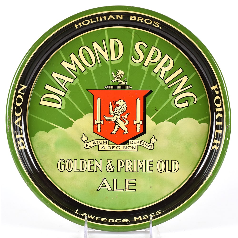 Diamond Spring Golden Rod Prime Old Ale 1930s Serving Tray LION CREST: Brewer/Business Name: Holihan Bros., Lawrence, Massachusetts Manufacturer/Plant: Unknown Date of manufacture: circa 1930s Contents/Type: N/A Dimensions: Comments/description: Wonderful cloudburst