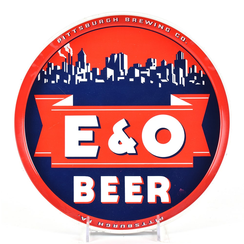 E and O Beer 1940s Serving Tray: Brewer/Business Name: Pittsburgh Brewing Co., Pittsburgh, Pennsylvania Manufacturer/Plant: American Can Co. Date of manufacture: circa 1940s Contents/Type: N/A Dimensions: 12 inches. 