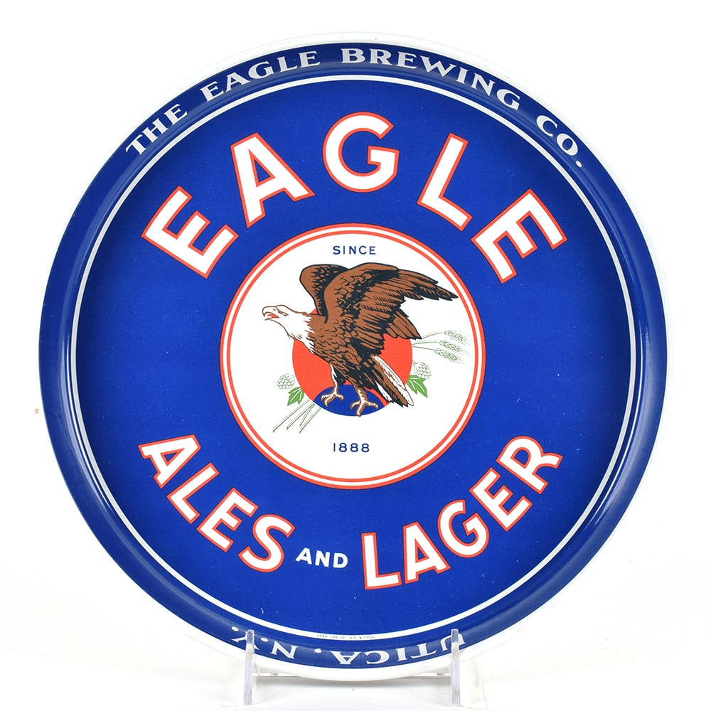 Eagle Ales and Lager 1940s Serving Tray UTICA SUPERB: Brewer/Business Name: Eagle Brewing Co., Utica, New York Manufacturer/Plant: American Can Co. Date of manufacture: circa 1940s Contents/Type: N/A Dimensions: 12 inches. Comments/description: Like