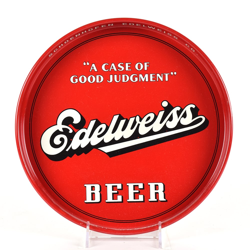 Edelweiss Beer 1950s Serving Tray: Brewer/Business Name: Schoenhofen Edelweiss Co., Chicago, Illinois Manufacturer/Plant: American Can Co. Date of manufacture: circa 1950s Contents/Type: N/A Dimensions: 12 inches. 