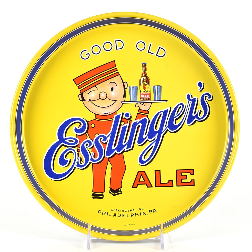 Esslingers Ale 1930s Serving Tray LITTLE MAN NEAR MINT: Brewer/Business Name: Esslingers Inc., Philadelphia, Pennsylvania Manufacturer/Plant: American Can Co. Date of manufacture: circa 1930s Contents/Type: N/A Dimensions: 12 inches. 