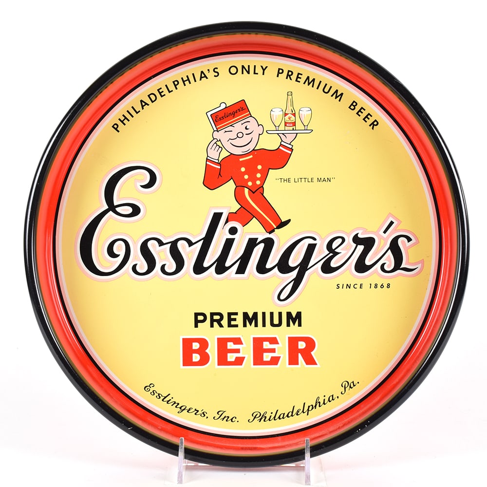 Esslingers Premium Beer 1940s Serving Tray LITTLE MAN: Brewer/Business Name: Esslingers Inc., Philadelphia, Pennsylvania Manufacturer/Plant: American Can Co. Date of manufacture: circa 1940s Contents/Type: N/A Dimensions: 13 inches. 