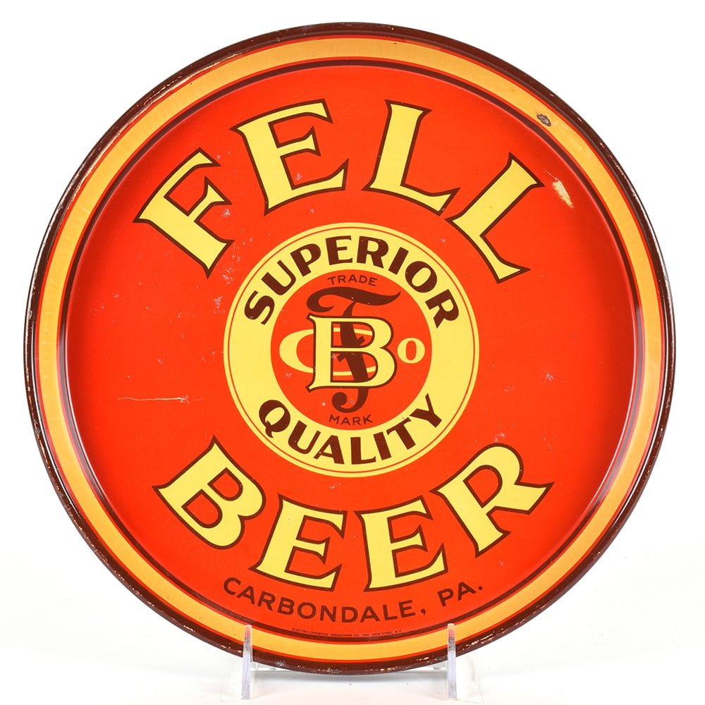 Fell Beer 1930s Serving Tray: Brewer/Business Name: Fell Brewing Co., Carbondale, Pennsylvania Manufacturer/Plant: Electro-Chemical Engraving Co. Date of manufacture: circa 1930s Contents/Type: N/A Dimensions: 12 inches. 