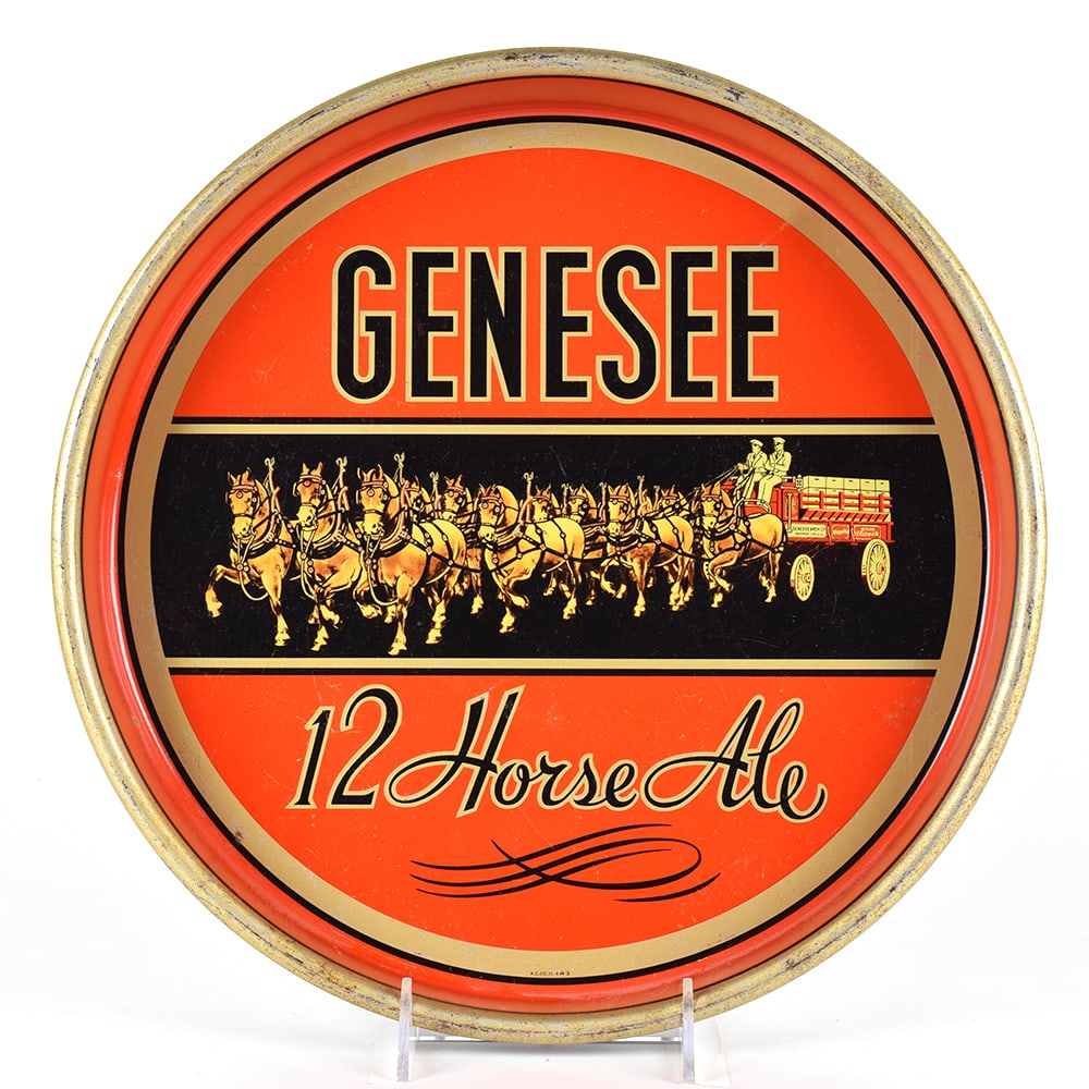 Genesee 12 Horse Ale 1940s Serving Tray: Brewer/Business Name: Genesee Brewing Co., Rochester, New York Manufacturer/Plant: American Can Co. Date of manufacture: circa 1940s Contents/Type: N/A Dimensions: 13 inches. Comments/description: