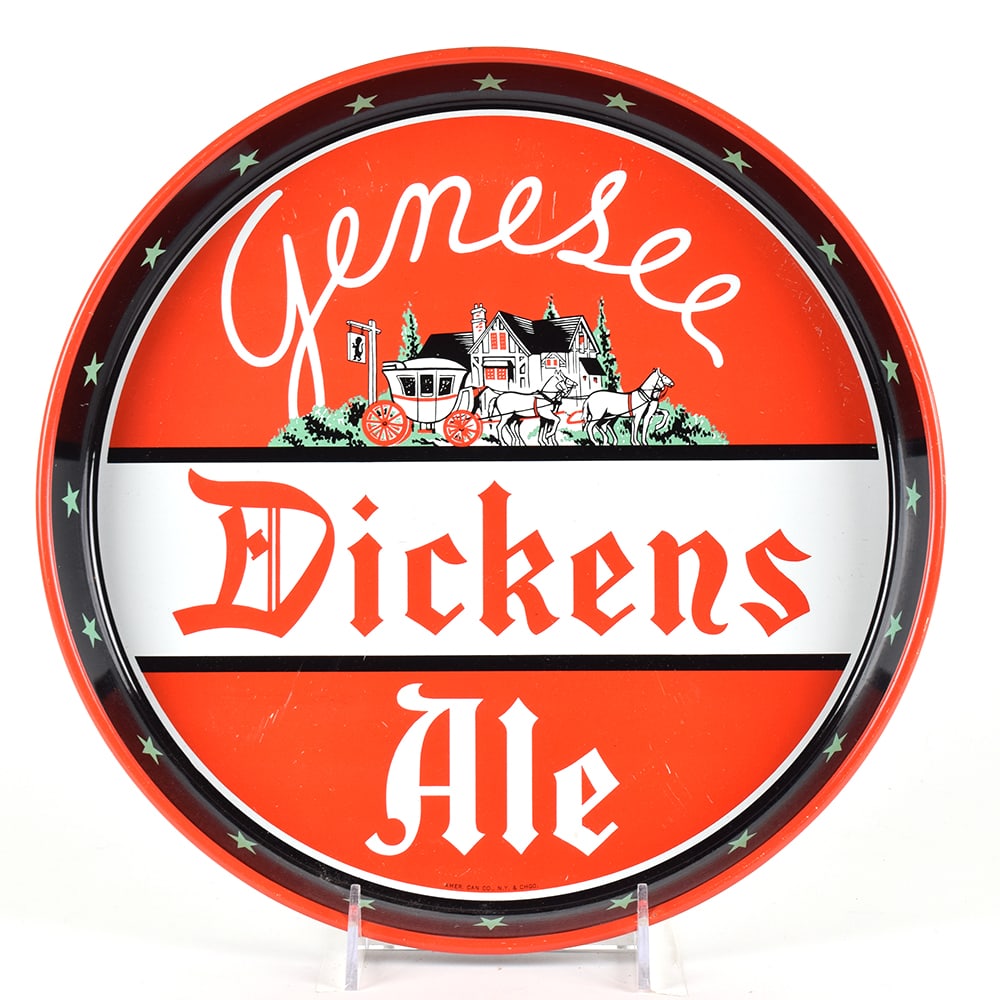 Genesee Dickens Ale 1950s Serving Tray: Brewer/Business Name: Genesee Brewing Co., Rochester, New York Manufacturer/Plant: American Can Co. Date of manufacture: circa 1950s Contents/Type: N/A Dimensions: 12 inches. Comments/description:
