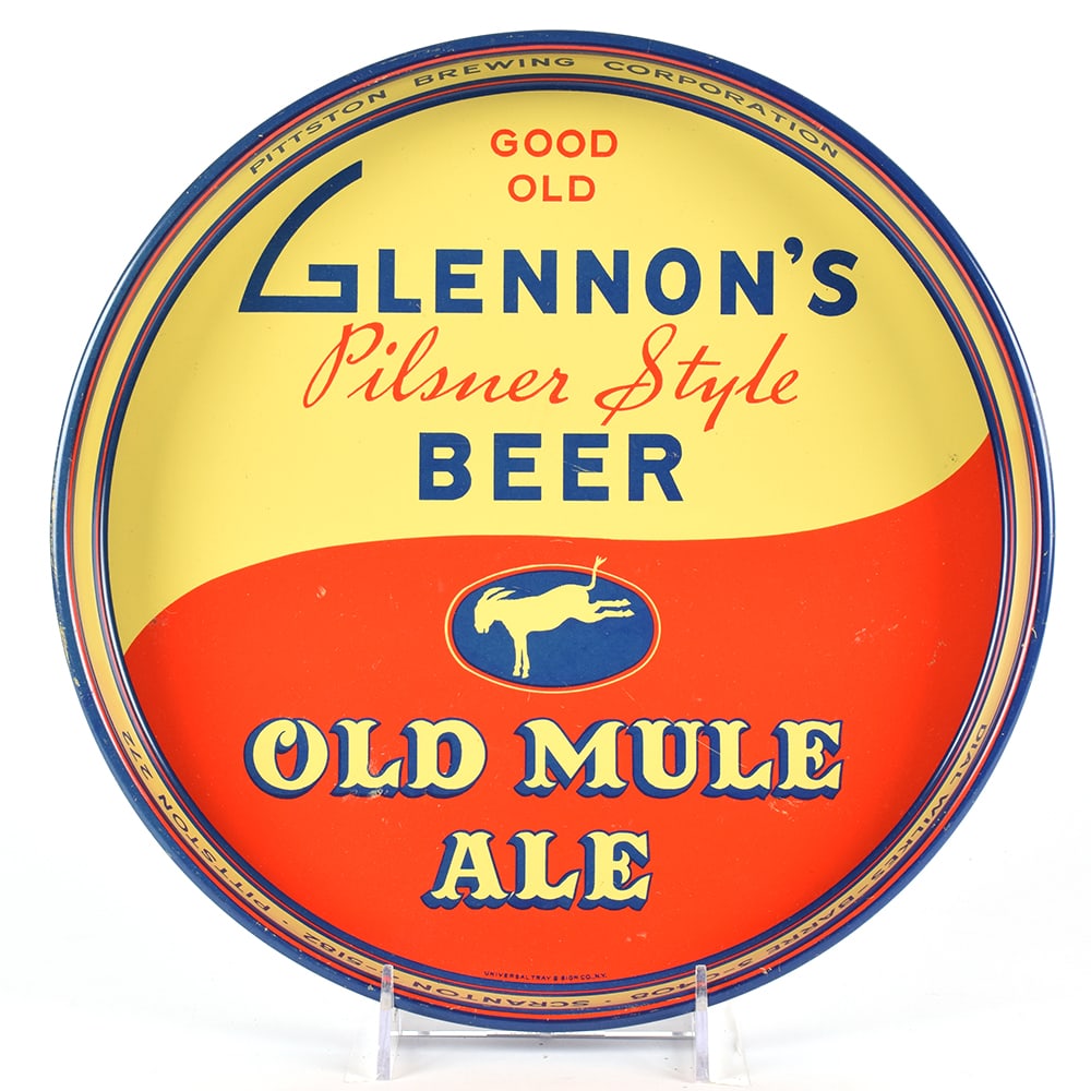 Glennons Beer Old Mule Ale 1930s Serving Tray: Brewer/Business Name: Pittston Brewing Corp., Pittston, Pennsylvania Manufacturer/Plant: Universal Tray and Sign Co., New York, NYDate of m