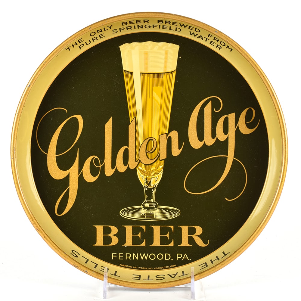 Golden Age Beer 1930s Serving Tray: Brewer/Business Name: Fernwood Brewing Co., Fernwood, Pennsylvania Manufacturer/Plant: American Art Works Date of manufacture: circa 1930s Contents/Type: N/A Dimensions: 12 inches. 