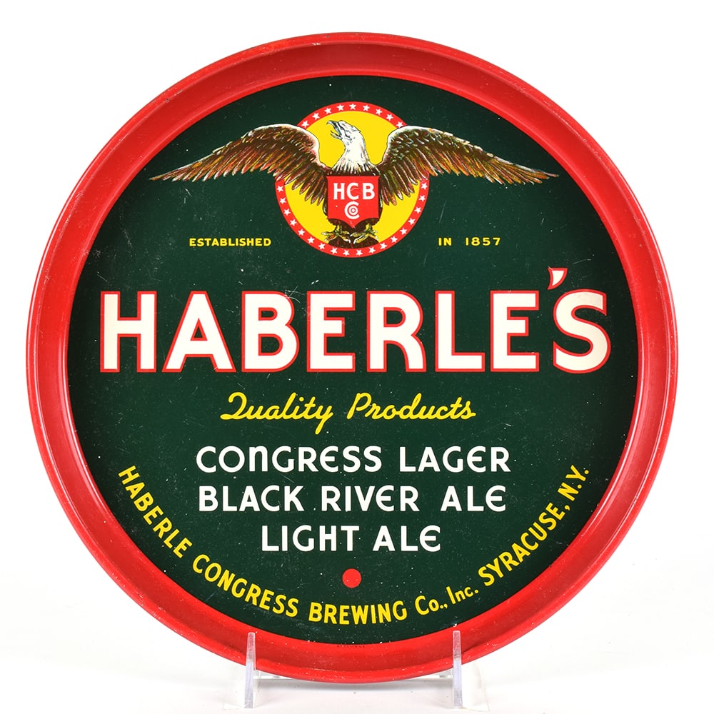 Haberle 1940s Serving Tray CONGRESS BLACK RIVER LIGHT ALE: Brewer/Business Name: Haberle Congress Brewing Co., Syracuse, New York Manufacturer/Plant: American Can Co. Date of manufacture: circa 1940s Contents/Type: N/A Dimensions: 12 inches. 