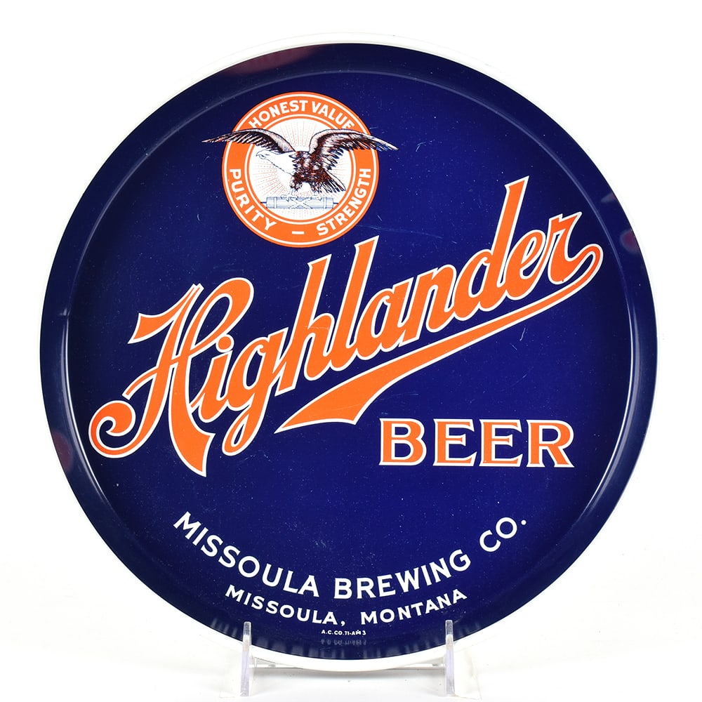 Highlander Beer 1940s Serving Tray: Brewer/Business Name: Missoula Brewing Co., Missoula, Montana Manufacturer/Plant: American Can Co.Date of manufacture: