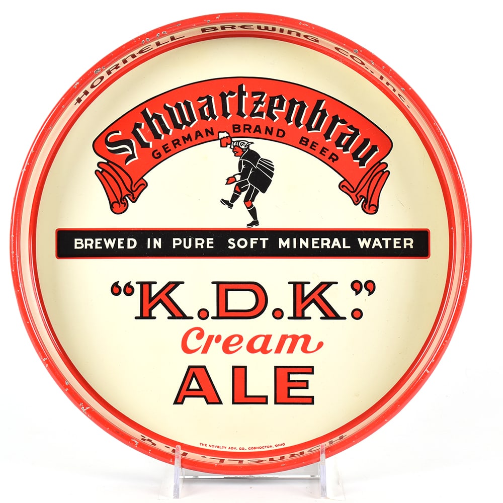 Hornell Schwartzenbrau KDK Cream Ale 1940s Serving Tray SHARP: Brewer/Business Name: Hornell Brewing Co., Hornell, New York Manufacturer/Plant: Novelty Advertising Co., Coshocton, Ohio Date of manufacture: circa 1940s Contents/Type: N/A Dimensions: 12 inches. 