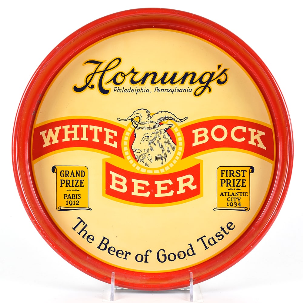 Hornungs White Bock Beer 1930s Serving Tray 13-Inch: Brewer/Business Name: Jacob Hornung Brewing Co., Philadelphia, Pennsylvania Manufacturer/Plant: Unknown Date of manufacture: circa 1930s Contents/Type: N/A Dimensions: 13 inches. 