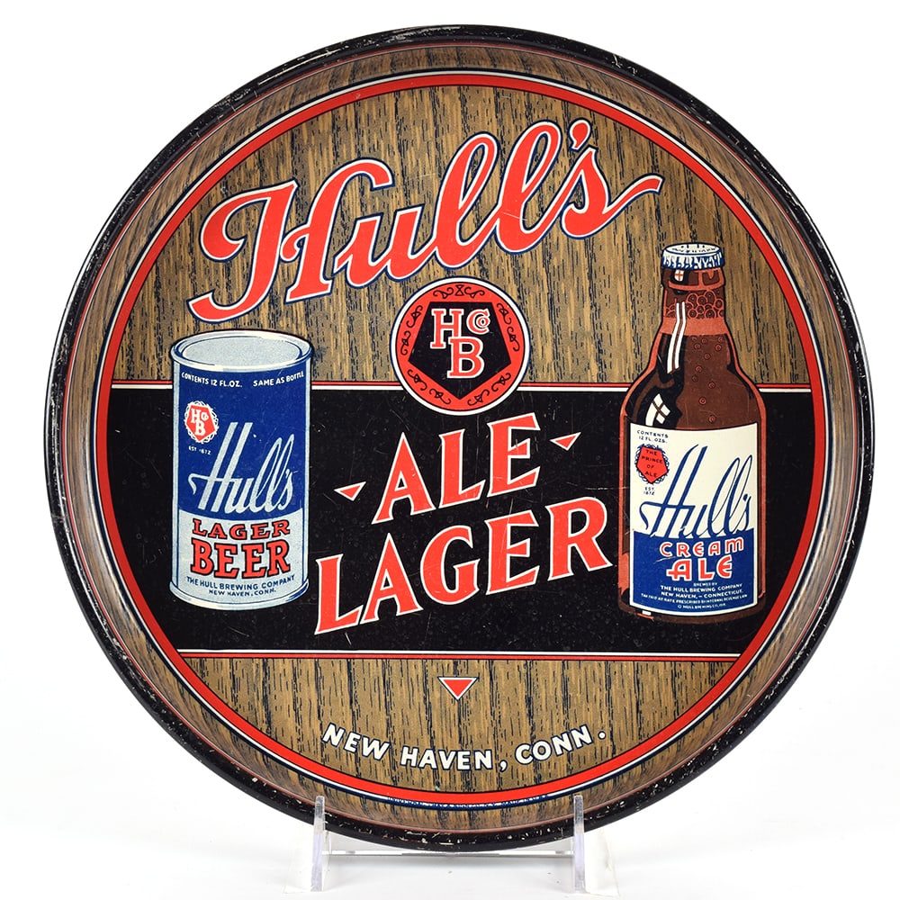 Hulls Ale Lager 1930s Serving Tray: Brewer/Business Name: Hull Brewing Co., New Haven, Connecticut Manufacturer/Plant: Universal Tray and Sign Co., New York, NY Date of manufacture: circa 1930s Contents/Type: N/A Dimensions: 12 inches.