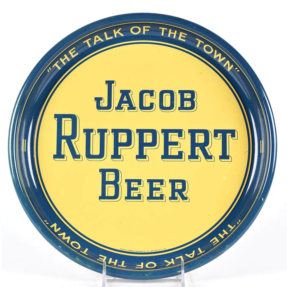 Jacob Ruppert Beer 1930s Serving Tray TALK OF THE TOWN: Brewer/Business Name: Jacob Ruppert, New York, New York Manufacturer/Plant: Electro-Chemical Engraving Co. Date of manufacture: circa 1930s Contents/Type: N/A Dimensions: 13 inches. 