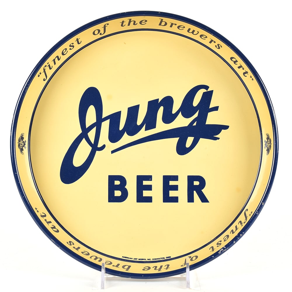 Jung Beer 1930s Serving Tray: Brewer/Business Name: Jung Brewing Co., Milwaukee, Wisconsin Manufacturer/Plant: American Art Works Date of manufacture: circa 1930s Contents/Type: N/A Dimensions: 12 inches. Comments/description: