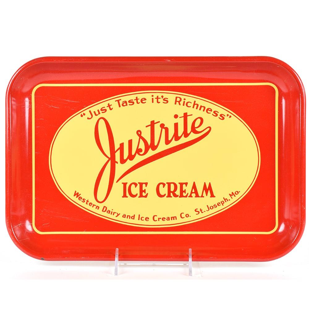 Justrite Ice Cream 1930s Serving Tray TASTE ITS RICHNESS: Brewer/Business Name: Western Dairy and Ice Cream Co., St. Joseph, Missouri Manufacturer/Plant: Unknown Date of manufacture: circa 1930s Contents/Type: N/A Dimensions: 15 w x 10-1/2 h. 