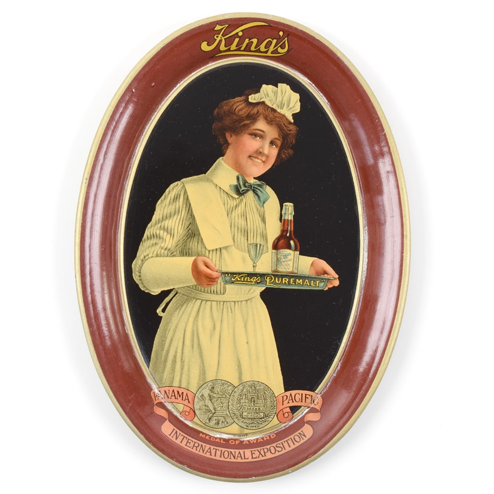 Kings Puremalt Pre-Prohibition Tip Tray: Brewer/Business Name: Massachusetts Breweries Co., Puremalt Department, Boston, Massachusetts Manufacturer/Plant: Unknown Date of manufacture: Pre-Prohibition Contents/Type: N/A Dimensions: 4-1/2 w x