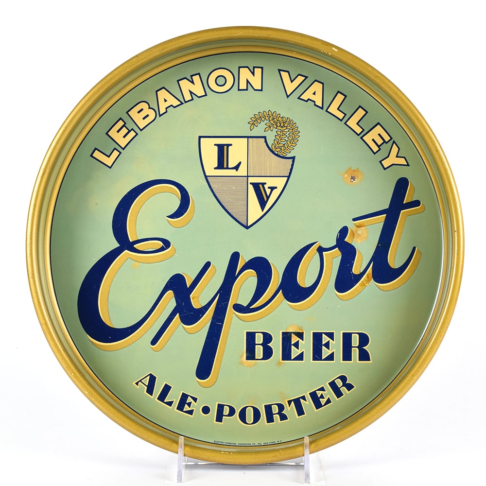 Lebanon Valley Export Beer 1940s Serving Tray: Brewer/Business Name: Lebanon Brewing Co., Lebanon, Pennsylvania Manufacturer/Plant: Electro-Chemical Engraving Co.Date of manufacture: