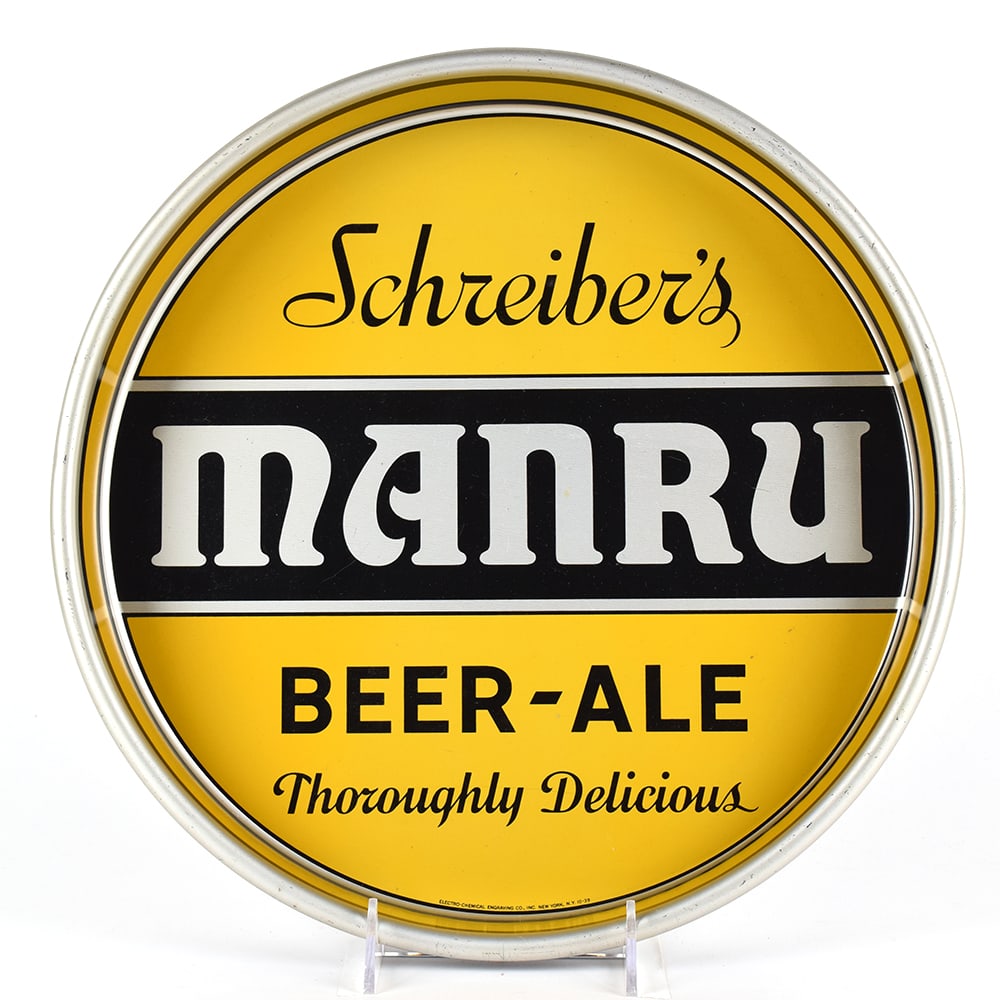 Manru Beer-Ale Schreiber 1940s Serving Tray: Brewer/Business Name: Schreiber Brewing Co., Buffalo, New York Manufacturer/Plant: Electro-Chemical Engraving Co. Date of manufacture: circa 1940s Contents/Type: N/A Dimensions: 13 inches. 