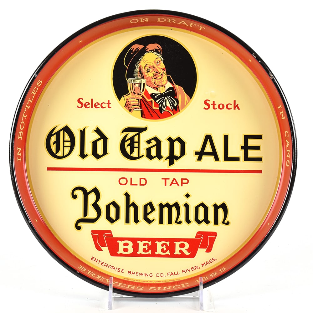 Old Tap Ale Bohemian Beer 1930s Serving Tray: Brewer/Business Name: Enterprise Brewing Co., Fall River, Massachusetts Manufacturer/Plant: American Art Works Date of manufacture: circa 1930s Contents/Type: N/A Dimensions: 12 inches. 