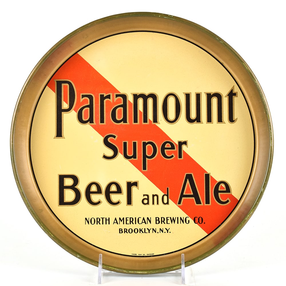 Paramount Super Beer-Ale 1930s Serving Tray: Brewer/Business Name: North American Brewing Co., Brooklyn, New York, New York Manufacturer/Plant: American Can Co. Date of manufacture: circa 1930s Contents/Type: N/A Dimensions: 12 inches. 