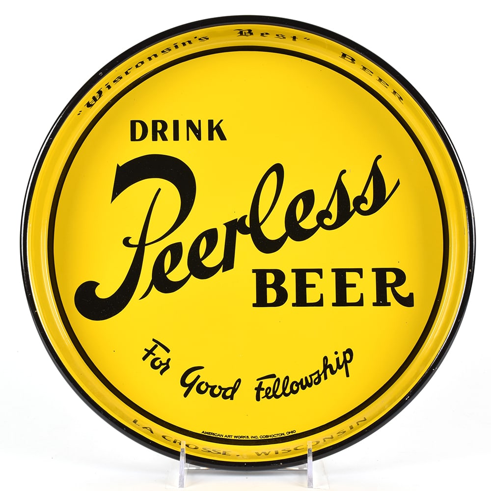 Peerless Beer 1940s Serving Tray: Brewer/Business Name: La Crosse Breweries, La Crosse, Wisconsin Manufacturer/Plant: American Art WorksDate of manufacture: