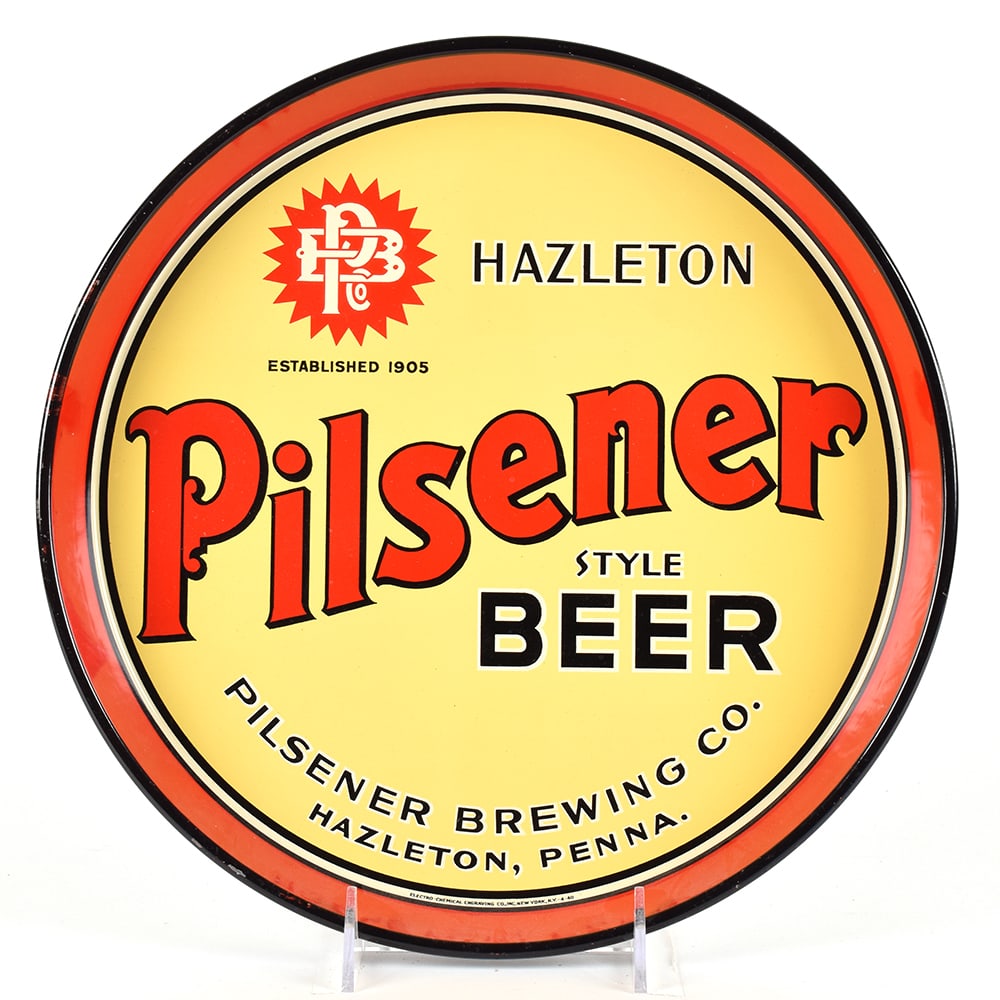 Pilsener Beer 1930s Serving Tray HAZELTON: Brewer/Business Name: Pilsener Brewing Co., Hazelton, Pennsylvania Manufacturer/Plant: Electro-Chemical Engraving Co.Date of manufacture: <