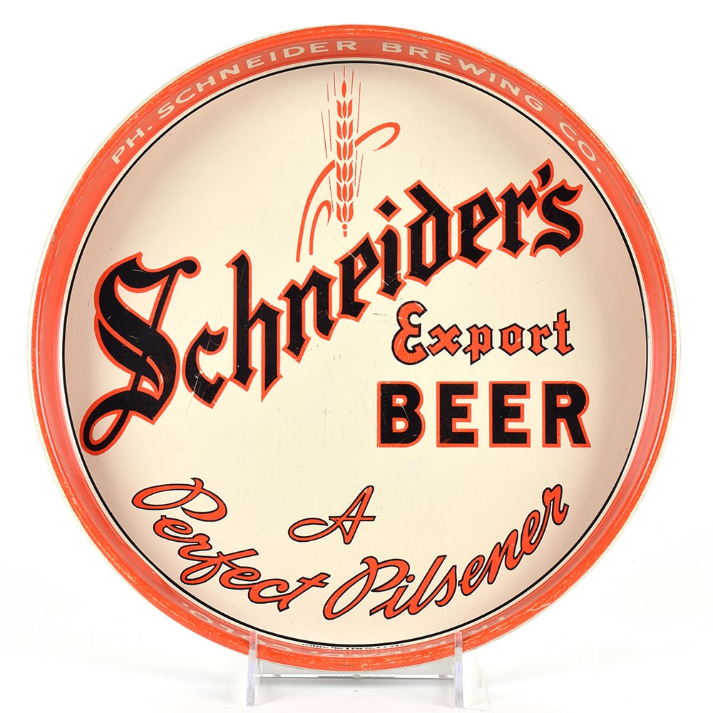 Schneiders Export Beer 1940s Serving Tray: Brewer/Business Name: Phil. Schneider Brewing Co., Trinidad, Colorado Manufacturer/Plant: Universal Tray and Sign Co., New York, NYDate of