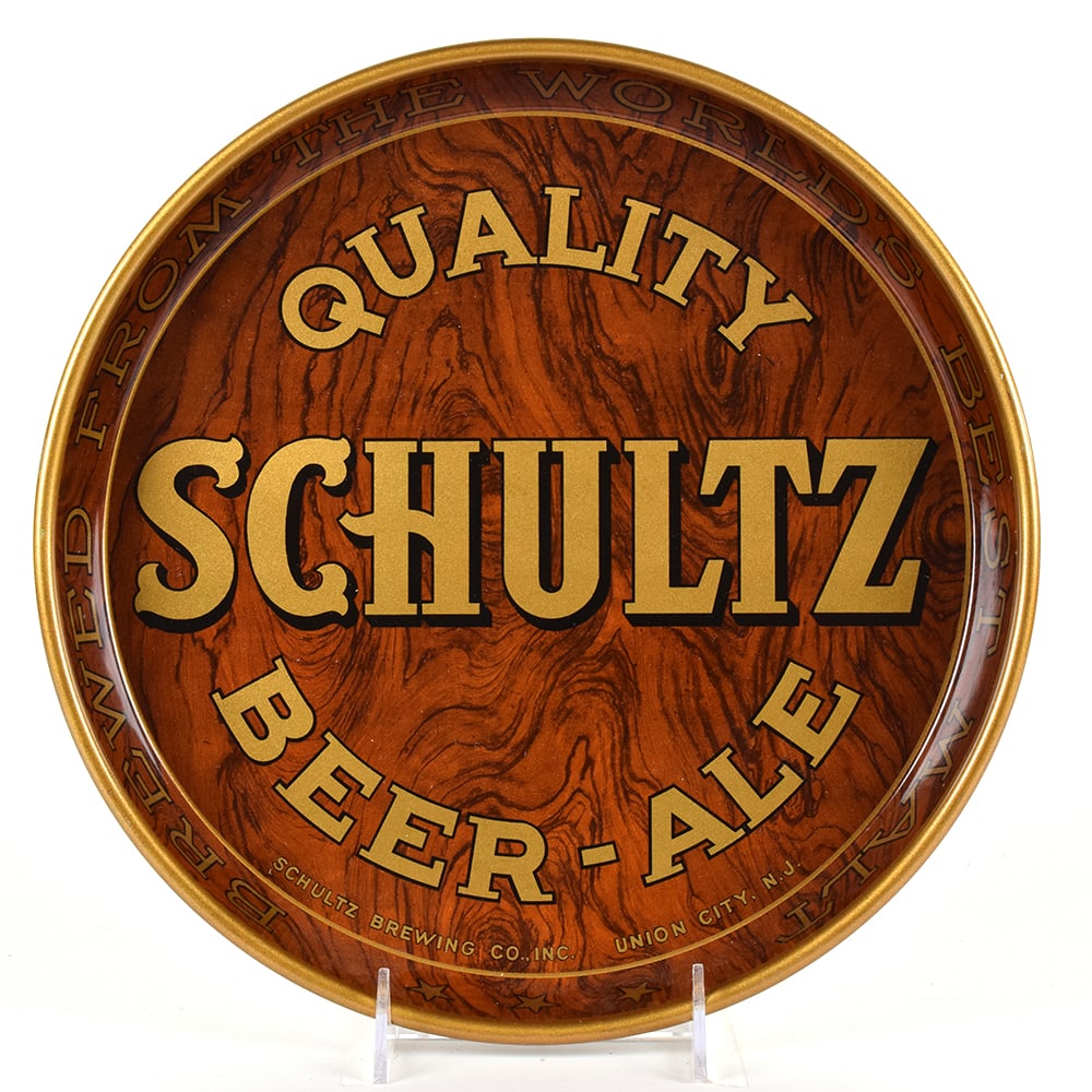 Schultz Beer-Ale 1930s Serving Tray MINTY: Brewer/Business Name: Schultz Brewing Co., Union City, New Jersey Manufacturer/Plant: American Art Works Date of manufacture: circa 1930s Contents/Type: N/A Dimensions: 12 inches. 