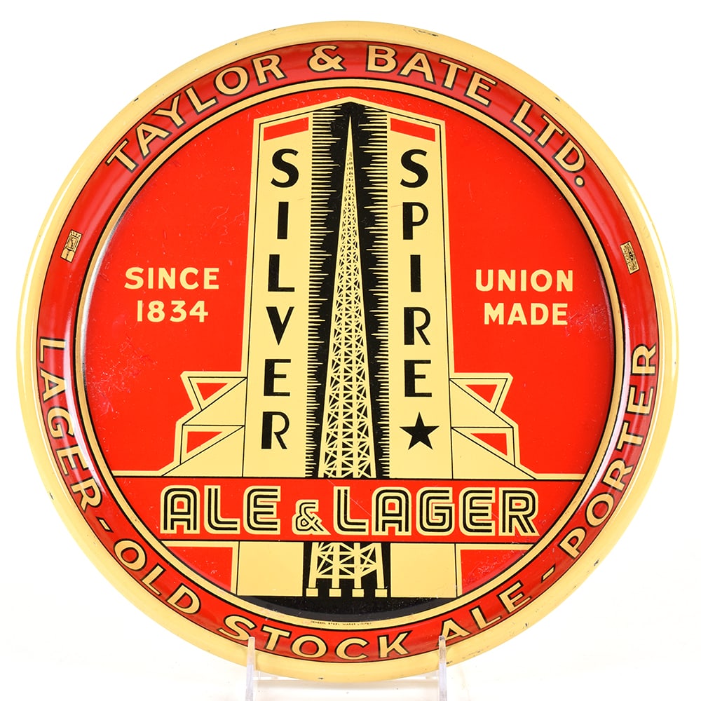 Silver Spire Ale and Lager 1930s Canadian Serving Tray: Brewer/Business Name: Taylor & Bate Brewery Ltd., St. Catharines, Ontario, Canada Manufacturer/Plant: See comments/description Date of manufacture: circa 1930s Contents/Type: N/A Dimensions: 13