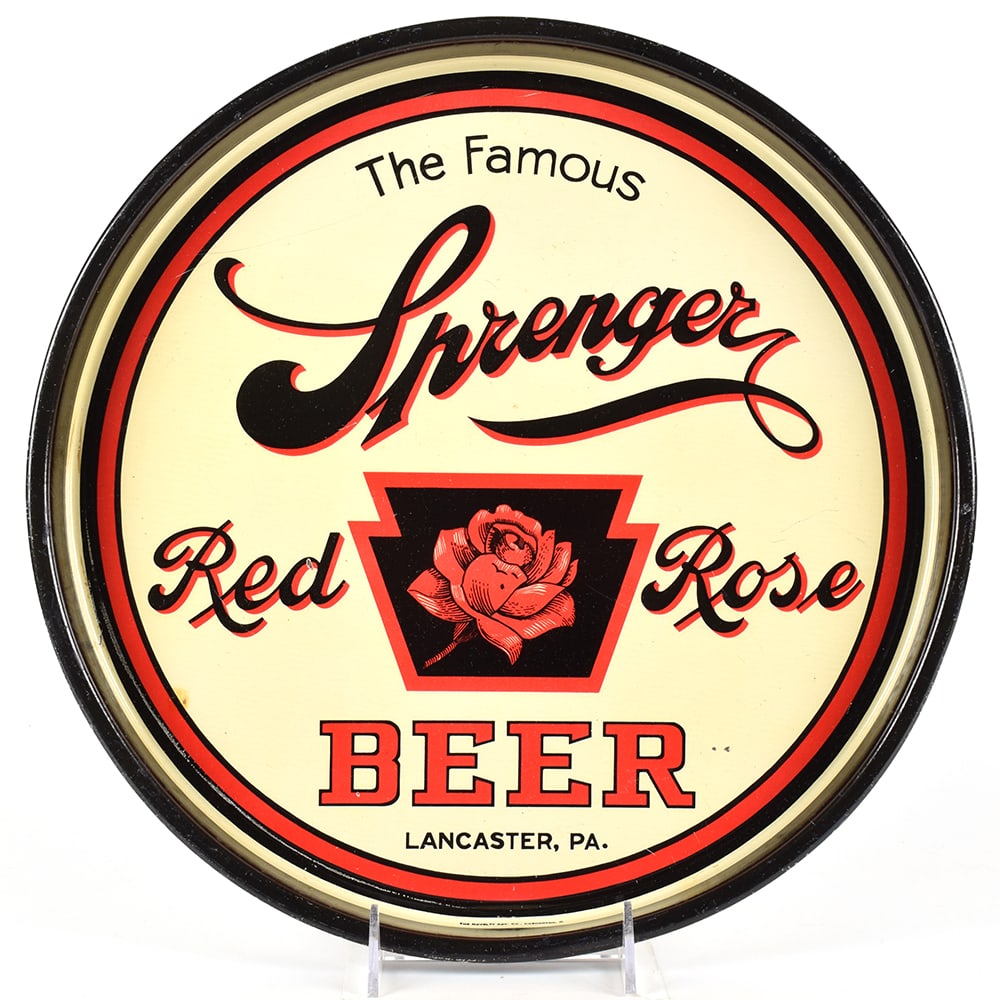 Sprenger Red Rose Beer 1930s Serving Tray: Brewer/Business Name: Sprenger Brewing Co., Lancaster, Pennsylvania Manufacturer/Plant: Novelty Advertising Co., Coshocton, OhioDate of man