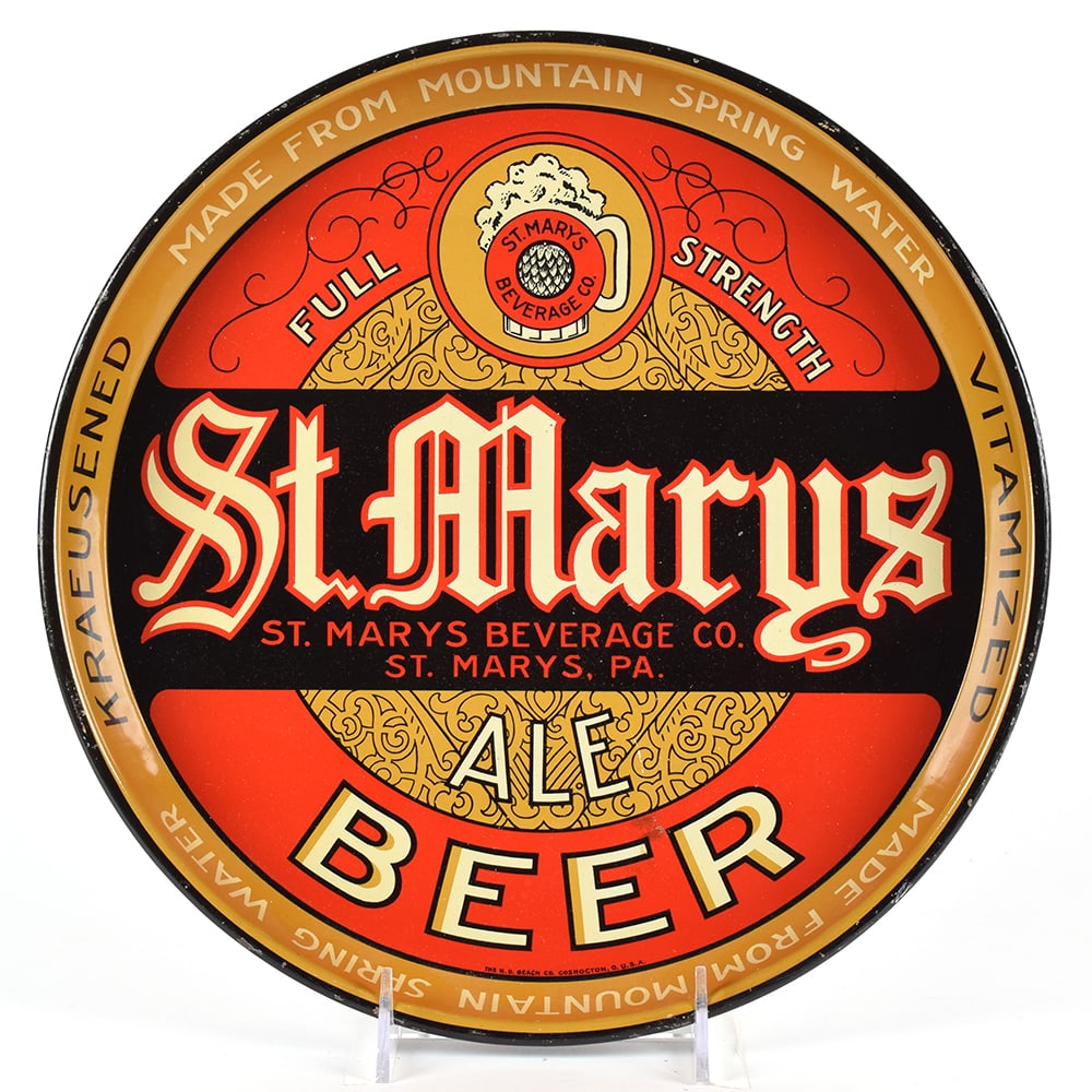 St Marys Beer 1930s Serving Tray: Brewer/Business Name: St. Marys Beverage Co., St. Marys, Pennsylvania Manufacturer/Plant: H.D. Beach Co. Date of manufacture: