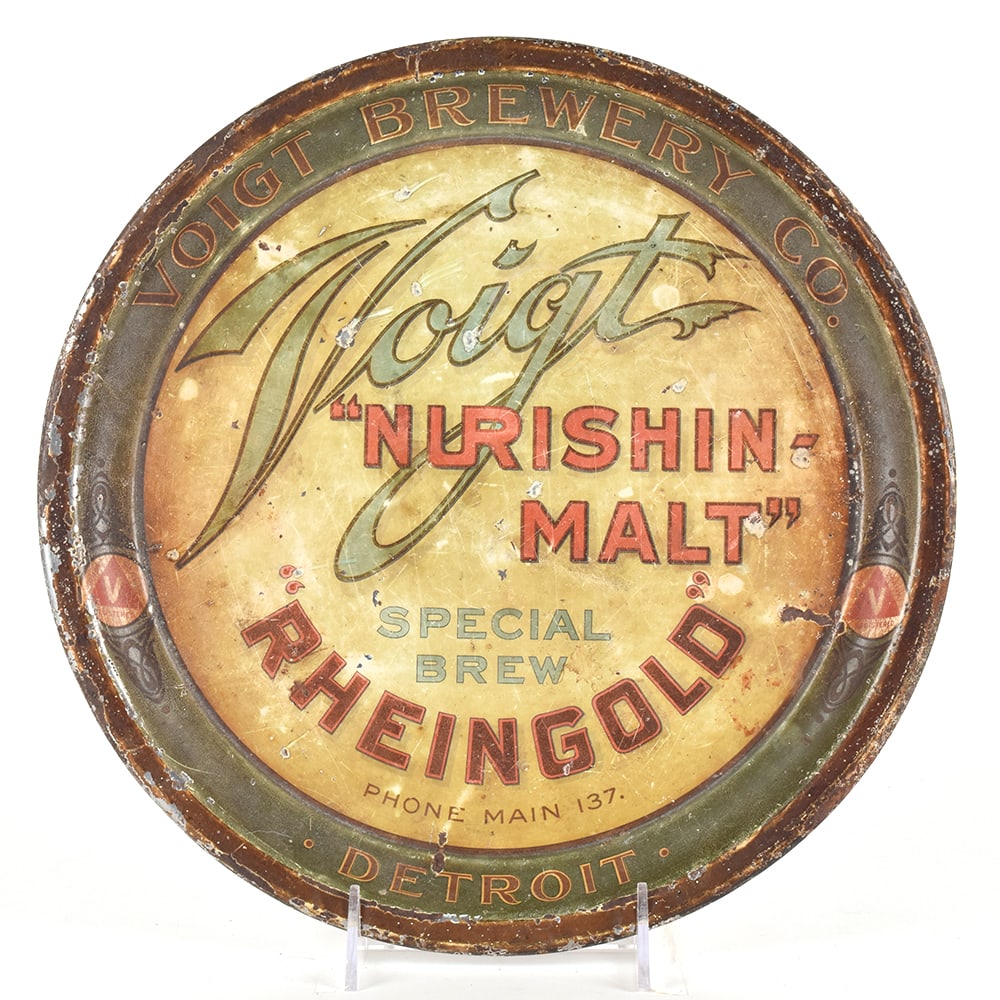 Voigt Rheingold Nurishin Malt Pre-Prohibition Serving Tray: Brewer/Business Name: Voigt Brewery Co., Detroit, Michigan Manufacturer/Plant: Chas. ShonkDate of manufacture: