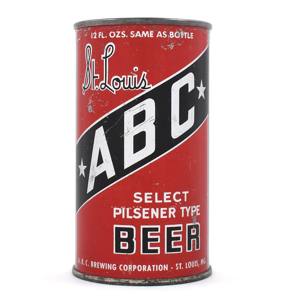 ABC Select Pilsener Type Beer Instructional Flat Top THIN LETTER 28-8 OI 4: Brewer/Business Name: A. B. C. Brewing Corp., St. Louis, Missouri Manufacturer/Plant: American Can Co. Date of manufacture: circa 1930s Canning Code: n/a USBC reference: 28-8 USBCOI reference: 4