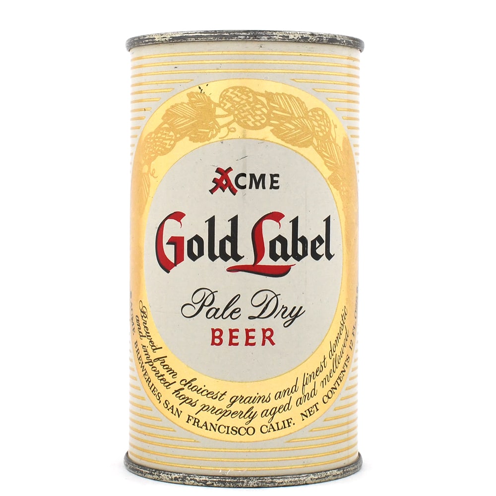 Acme Gold Label Pale Dry Beer Flat Top 29-14: Brewer/Business Name: Acme Breweries, San Francisco, California Manufacturer/Plant: Pacific Can Co. Date of manufacture: circa 1950s Canning Code: n/a USBC reference: 29-14 USBCOI reference: 