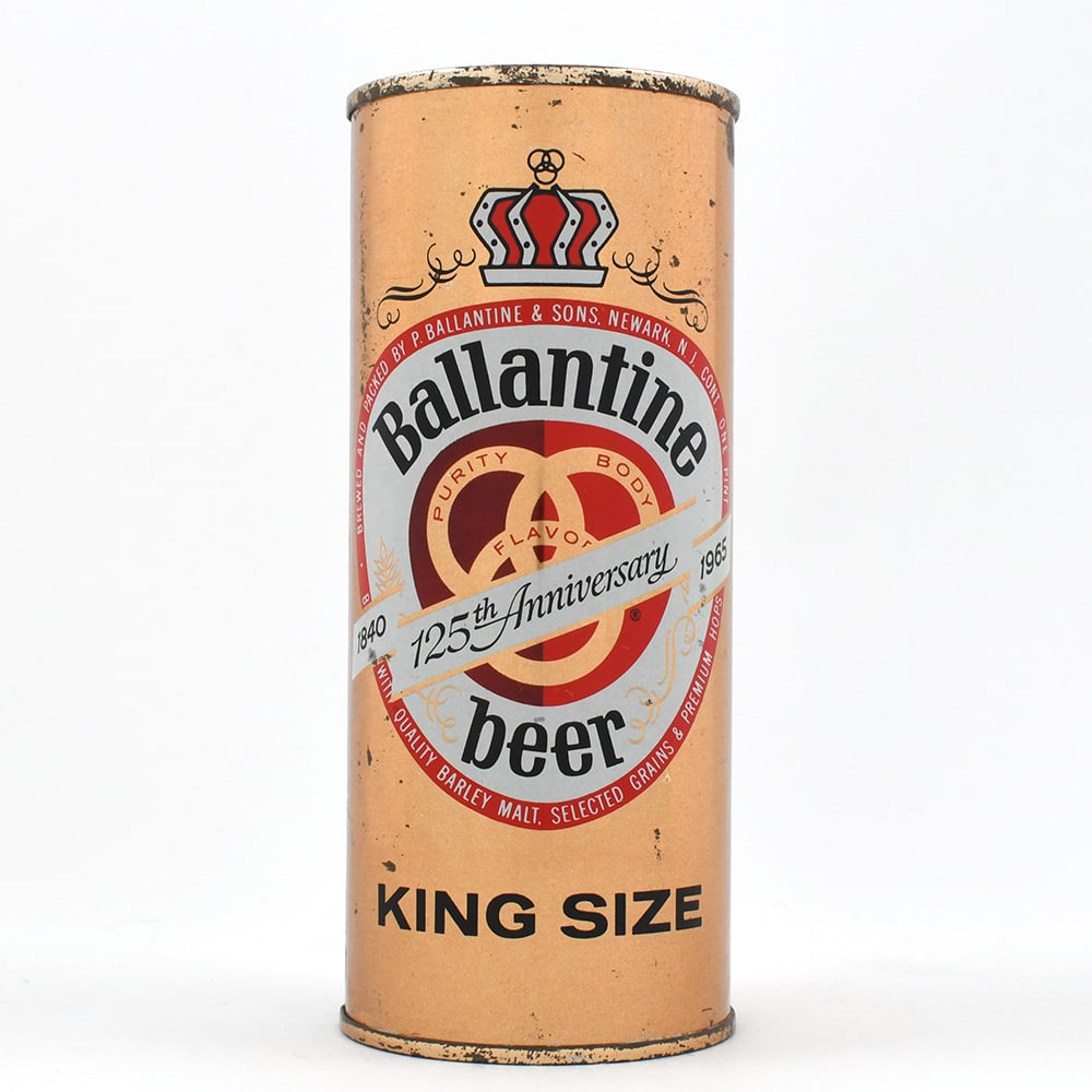 Ballantine 125th Anniversary Beer 16 Ounce Flat Top UNLISTED: Brewer/Business Name: P. Ballantine & Sons, Newark, New Jersey Manufacturer/Plant: Continental Can Co. Date of manufacture: circa 1960s Canning Code: n/a USBC reference: UNLISTED USBCOI reference: 